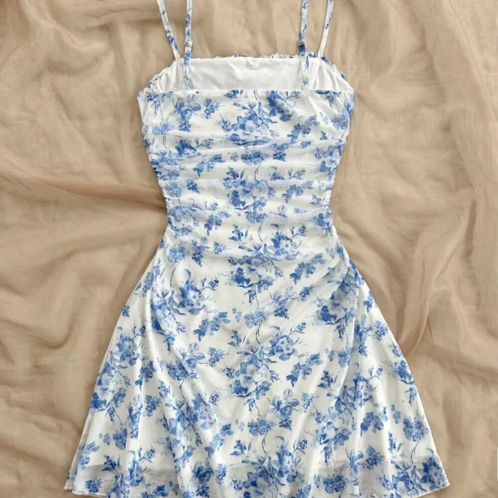 Blue And White Boho Women's Floral Mesh Halterneck Vacation Dress